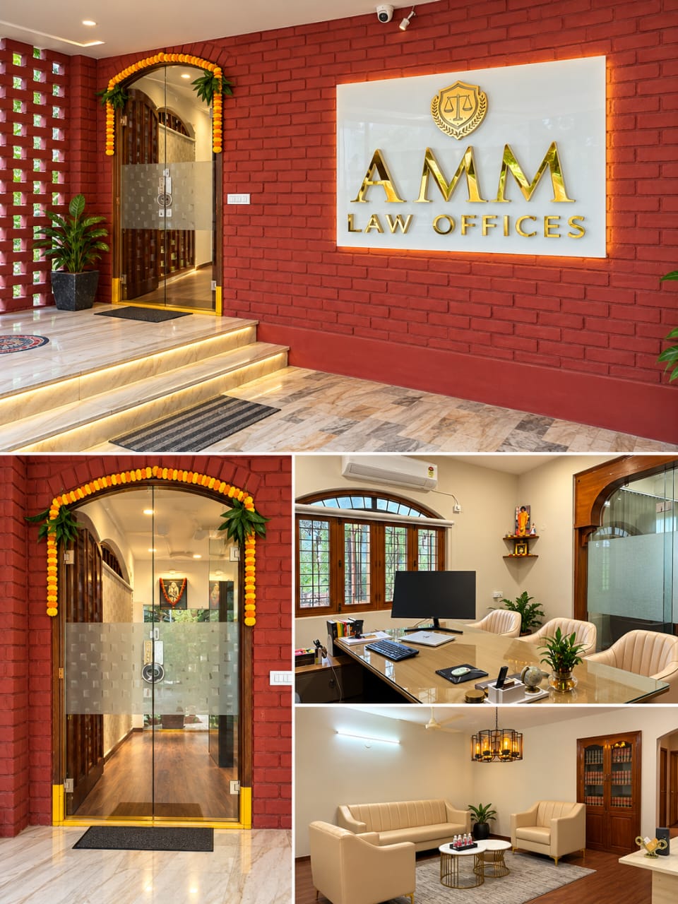 AMM Law Offices entrance, private office and visitor lounge