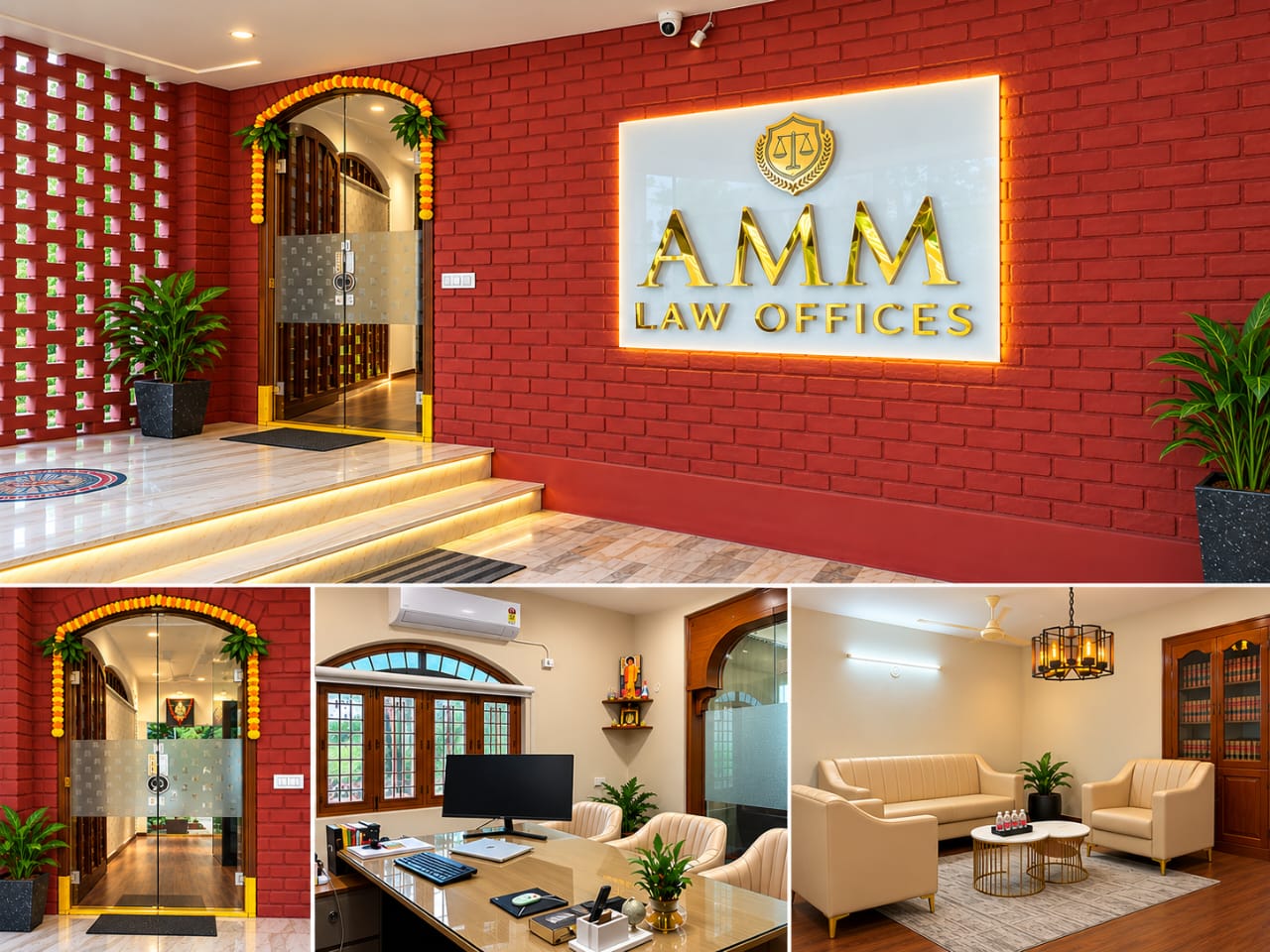 AMM Law Offices entrance and illuminated firm signage